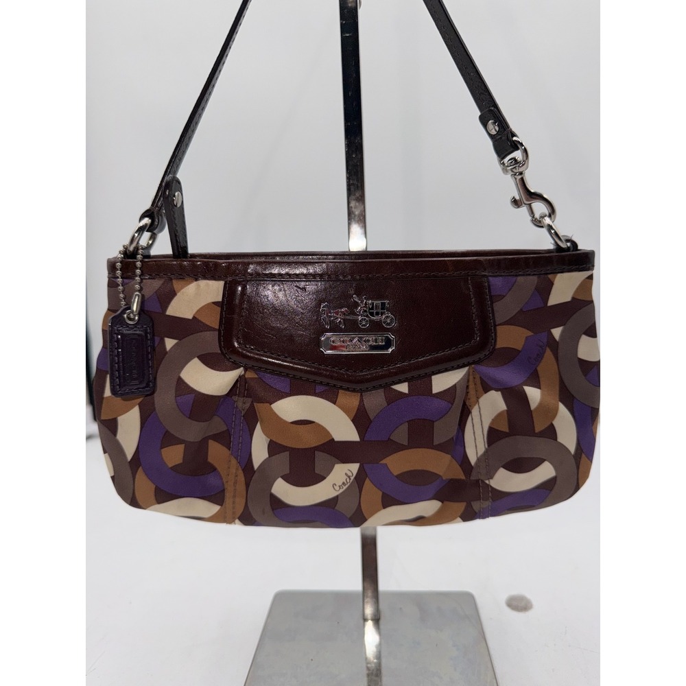 Coach Madison Op Art Sateen Small Shoulder Bag Wristlet Purple Brown 46638
